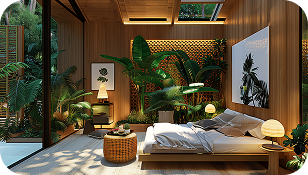 Bedroom with tropical wallpaper and wooden furniture